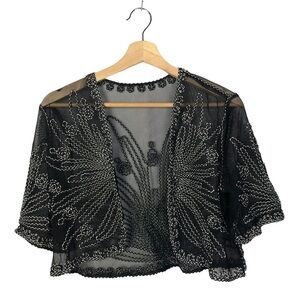 Chico's Black Mesh Rope Embroidered Shawl Cropped Cardigan XS